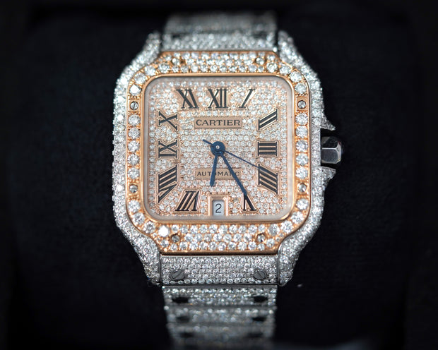 Custom Cartier De Santos Iced Out Rose Gold Dial Rose