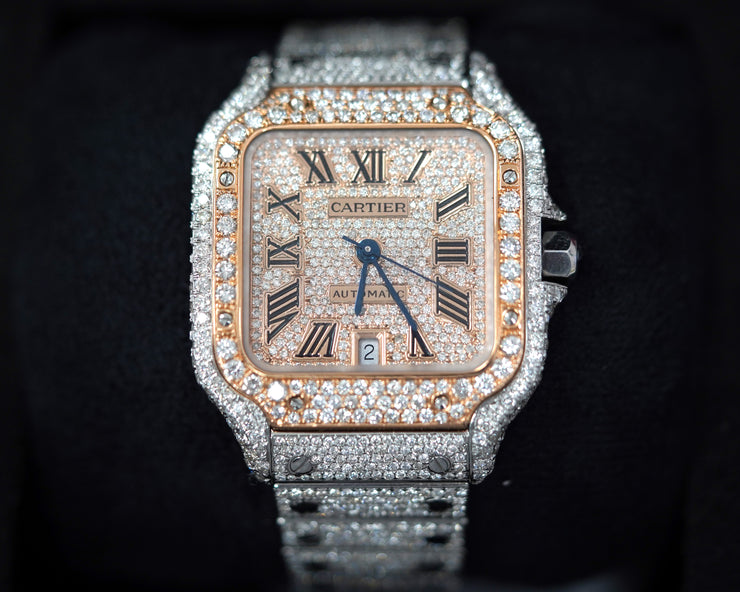 Custom Cartier De Santos Iced Out Rose Gold Dial Rose
